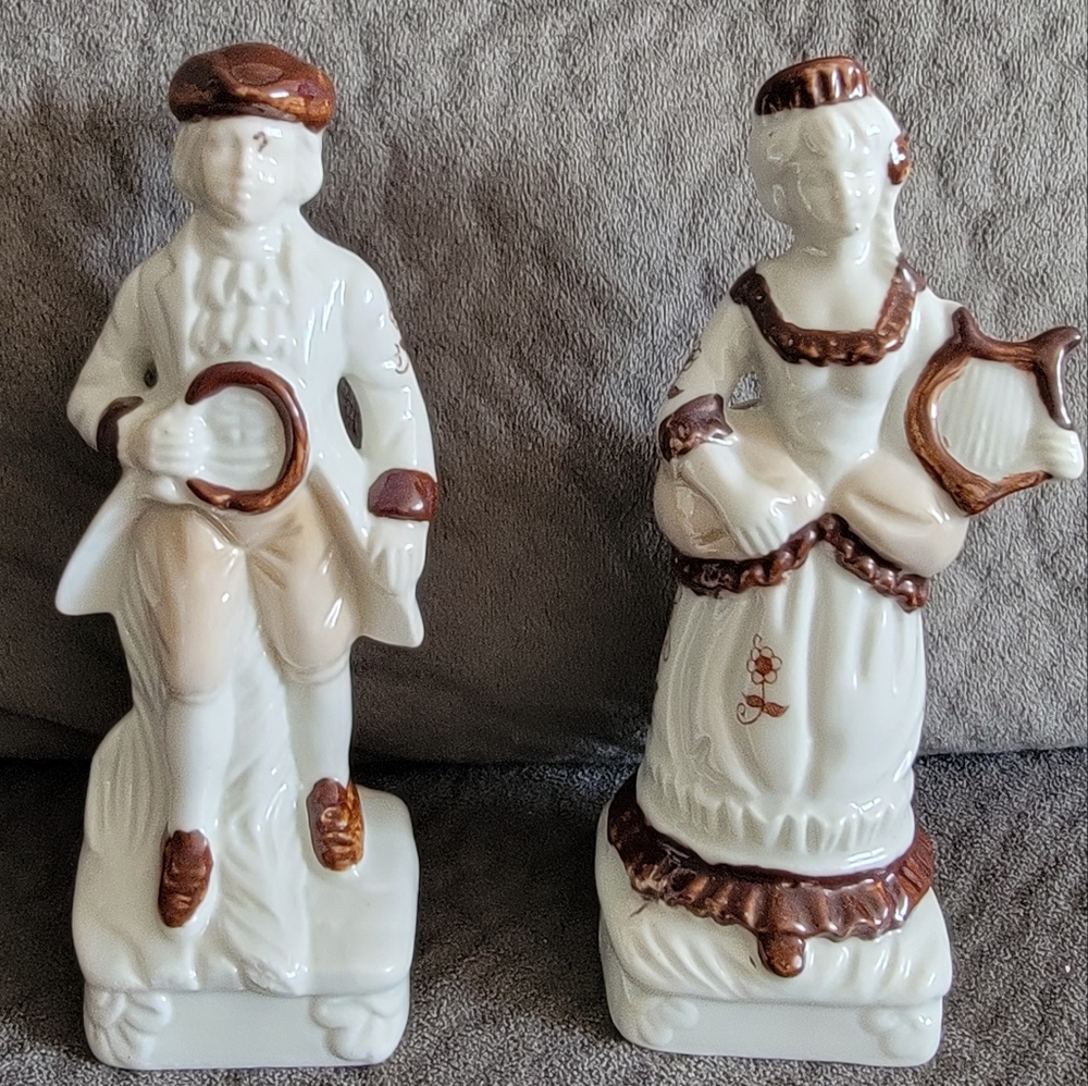Vintage Victorian Man & Woman Porcelain w/ Instrument Figurines Brown & Cream